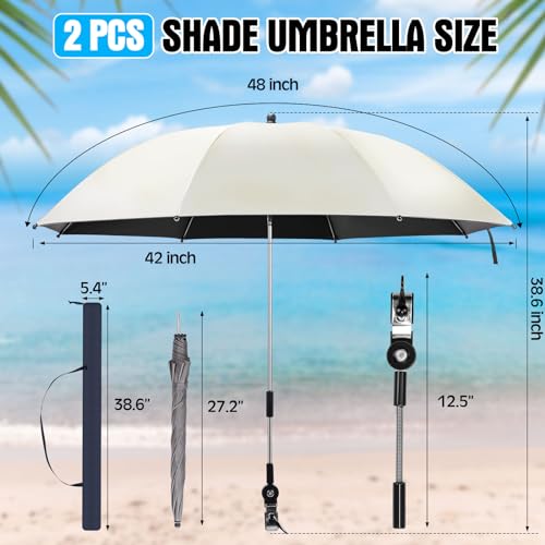 2 Pcs Beach Umbrella with Universal Clamp Adjustable Beach Shade Umbrella UV Protection Beach Chair Umbrella Portable Outdoor Umbrella for Camping Chair Patio Chairs Golf Carts