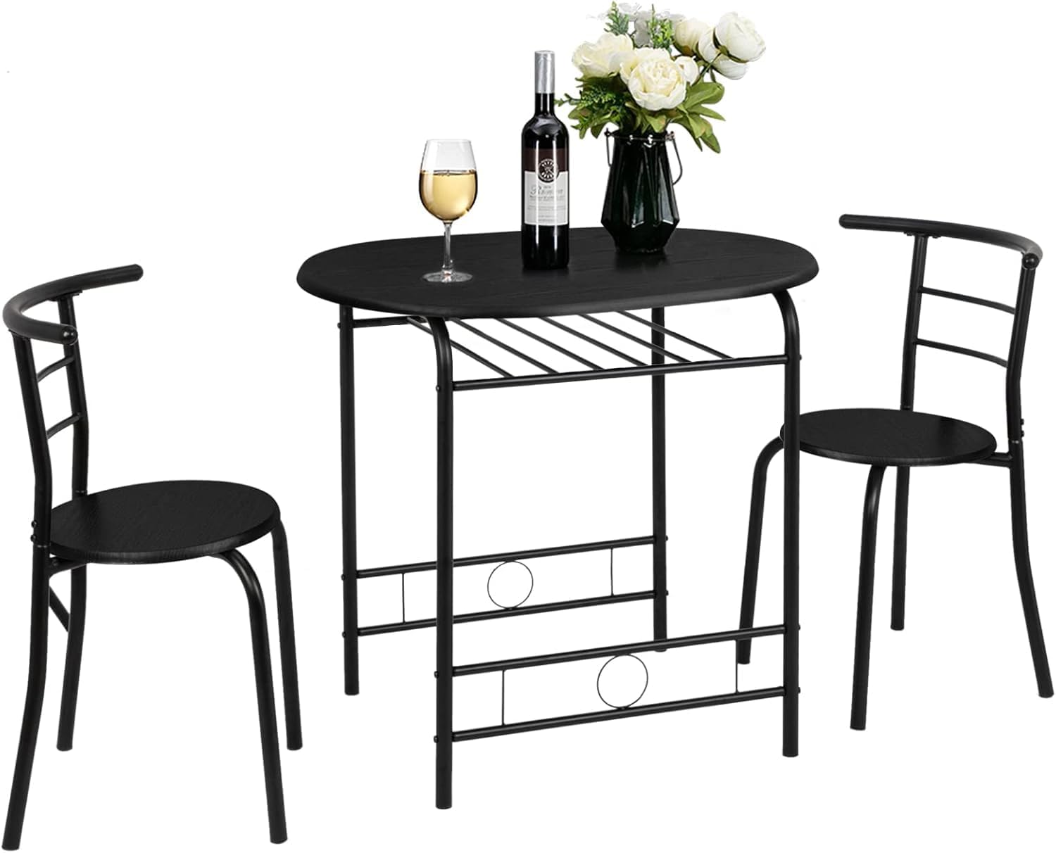 Dining Set,Small Kitchen Table Set for 2,Breakfast Table Set,Kitchen Wooden Table and 2 Chairs for Small Space/Dining Room/Apartment,Metal Frame,Wine Rack,Black,Set of 3