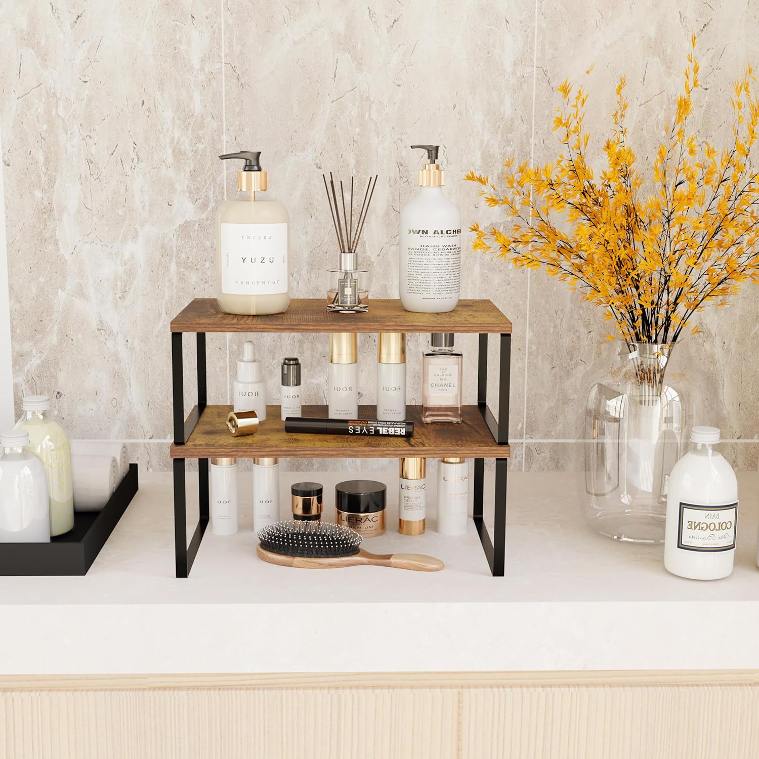 ihomecooker Cabinet Shelf Organizer,2 Sets Kitchen Cabinet Organizer Storage Shelf Stackable Expandable for Spice,Can,Dishes,Black Metal and Old-Fashioned Engineered Wood