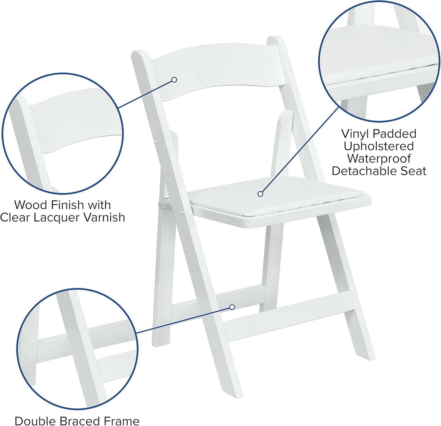 BizChair 4 Pack White Wood Folding Chair with Detachable Vinyl Padded Seat