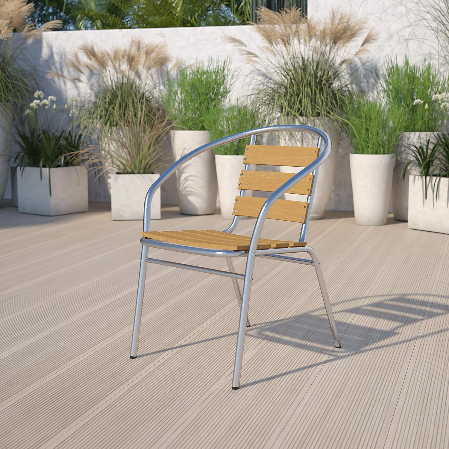 EMMA + OLIVER Aluminum Indoor-Outdoor Stack Chair w/Triple Slat Faux Teak Back
