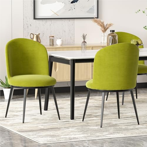Forevich Velvet Dining Chairs Modern Kitchen Dining Room Chairs Mid-Century Round Upholstered Living Room Chair with Black Metal Legs Set of 2 Olive Green
