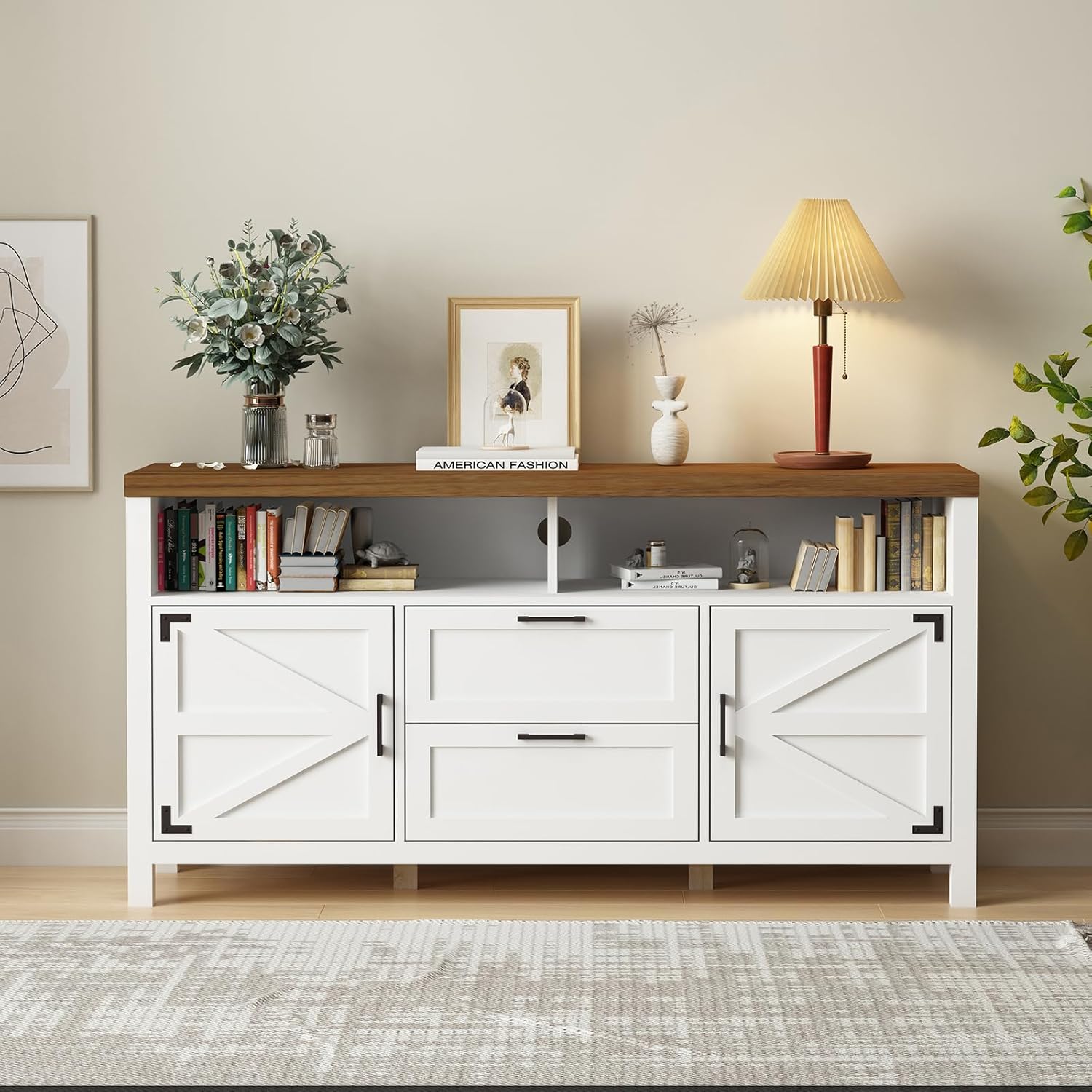 TV Stand for 55 Inch TV, Farmhouse Barn Door Modern Entertainment Center,Tall TV Console and Ideal Media Storage for Living Room，Kitchen, Dining Room White