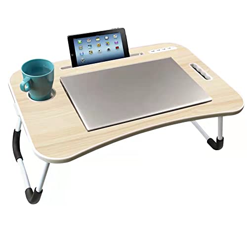 Folding Laptop Desk Adjustable Foldable Lap Stand for Bed Tray Table with USB Port Cup Holder for Working Eating Breakfast Reading Book on Sofa Floor (Black)