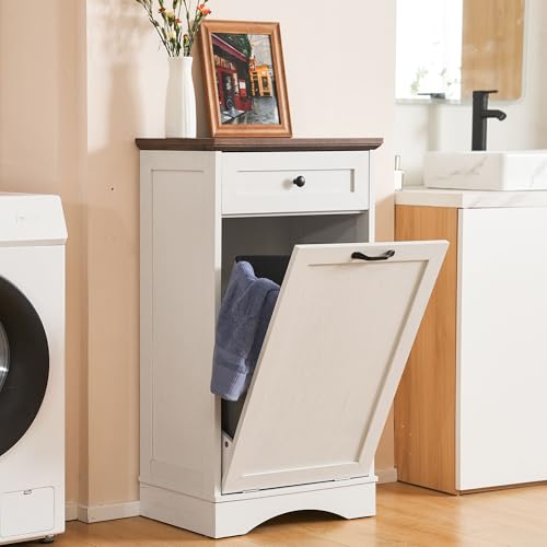 13 Gallons Tilt Out Trash Can Cabinet Freestanding Trash Cabinet Wood Garbage Recycling Cabinet with Hideaway Drawer Pet Proof Trash Can Holder for Kitchen Living Room, White