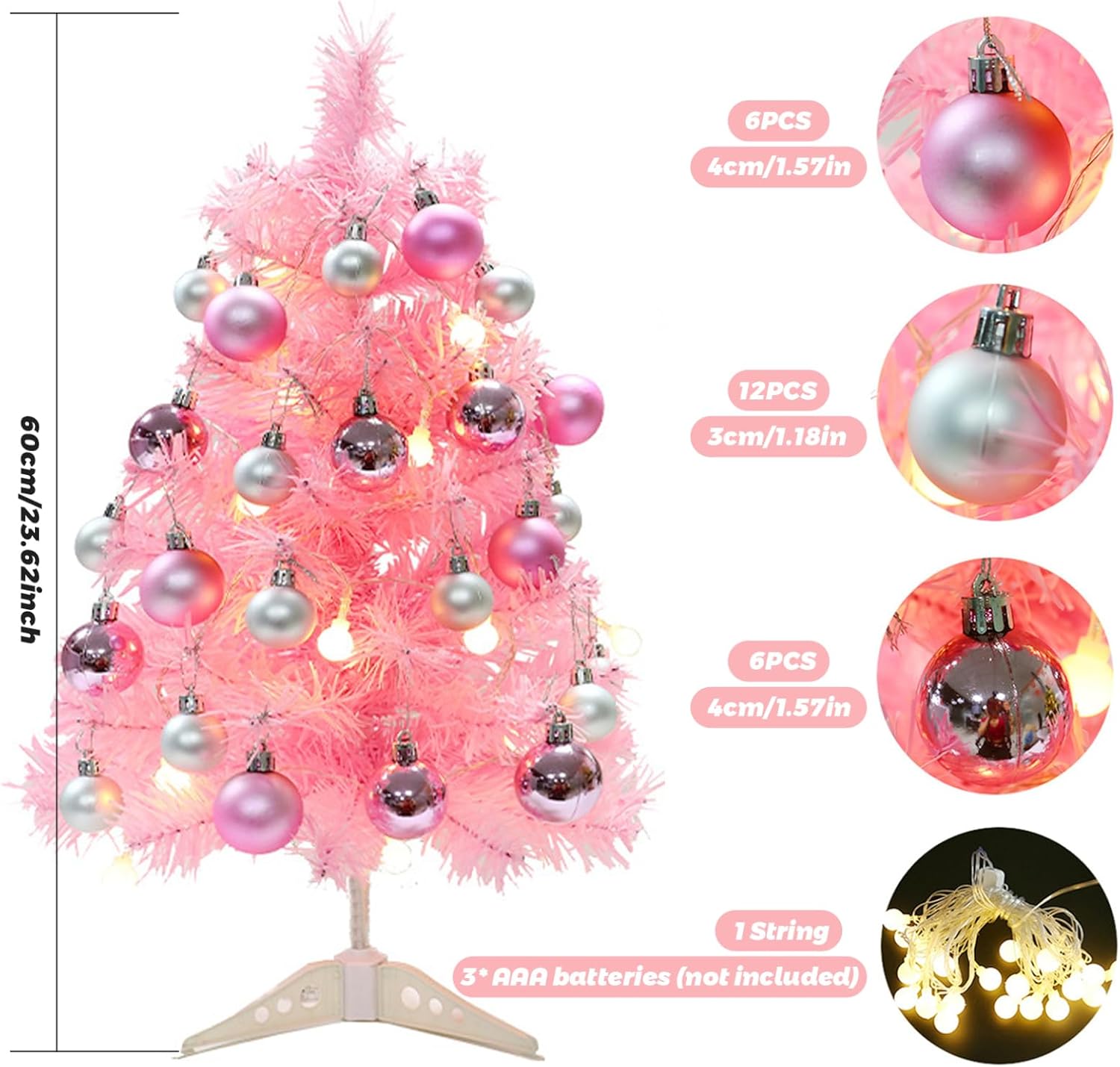Christmas Decorations, Small Christmas Tree, 24 Inch Table Top Christmas Tree with 24 Christmas Balls Light String Battery-Powered Artificial LED Xmas Pine