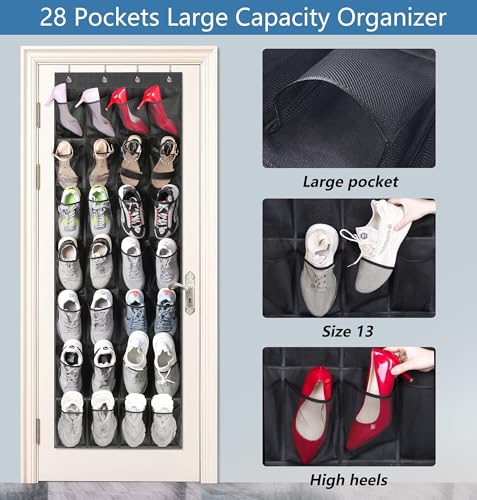 MISSLO 28 Large Pockets Hanging Shoe Organizer Over The Door Shoe Rack for Closet Door Storage Mesh Shoe Holder Hanger for Men, Black