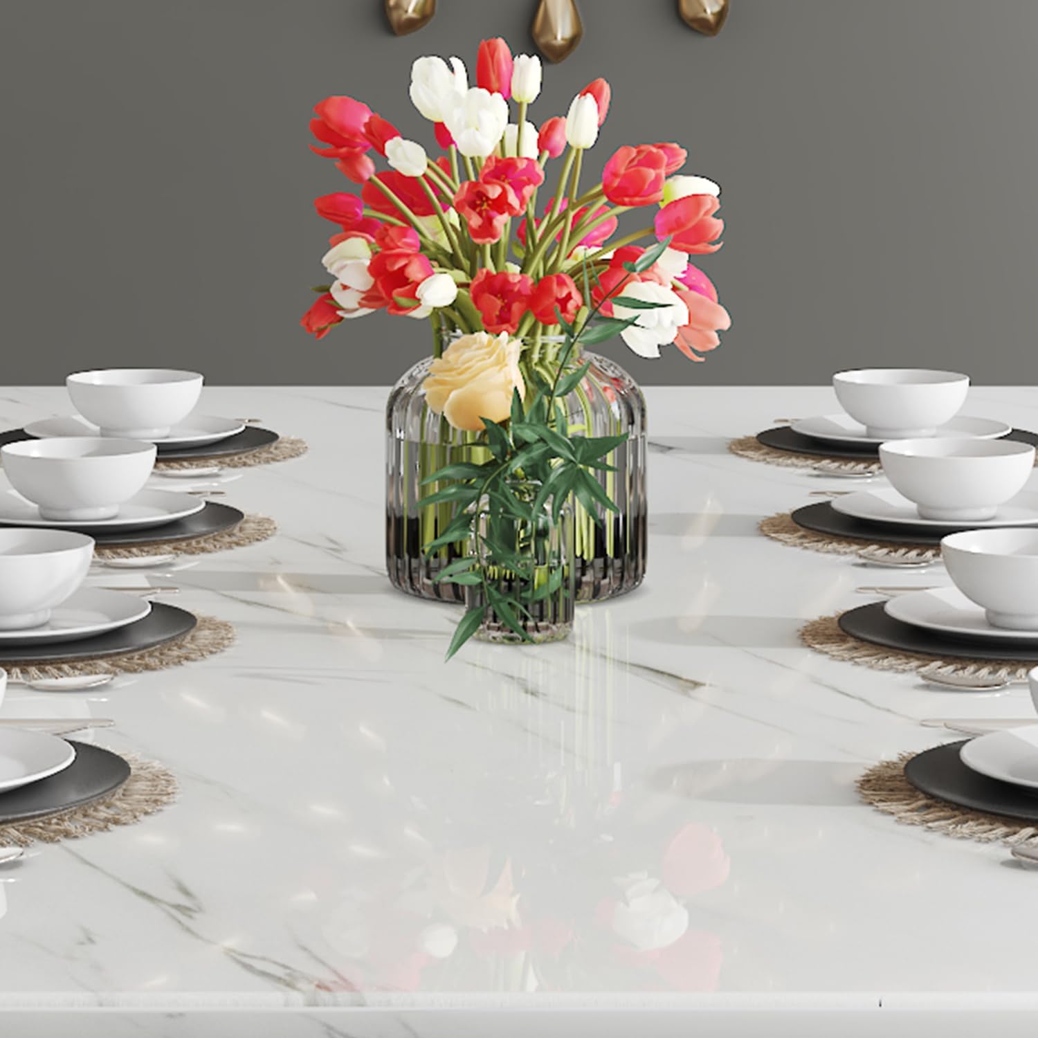 79 Inch Faux Marble Dining Table, White Rectangular Kitchen Dining Table, 1.8 Inch Thick Mid Century Modern Dining Table, Luxury Dining Table for Living Room Kitchen, Office