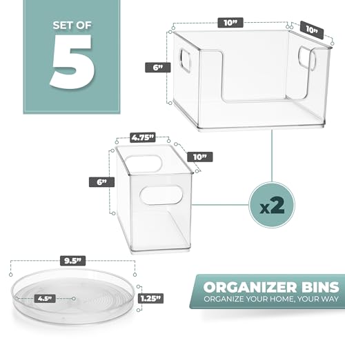 Sorbus Pantry Organizers and Storage Set (Set of 5) 2 Large Stackable Storage Bins Open Front 2 Narrow Stackable Storage Bins 1 Lazy Susan Organizer for Fridge, Clear Pantry Storage Bins
