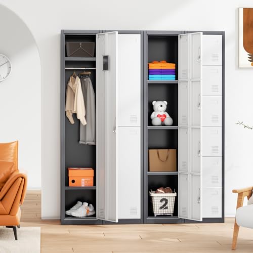 Pataku Metal Lockers for Employees with Lock, Steel Storage Locker with Shelves, Black Grey Locker Storage Cabinet, Metal Storage Cabinet with 2 Doors for School, Office, Gym, Staff