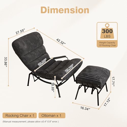 ovios Rocking Chair with Ottoman, Glider Chair with Foot Rest, Plush Corduroy Recliner with Arms, Comfy Lounge Chair for Living Room Bedroom Home, Grey