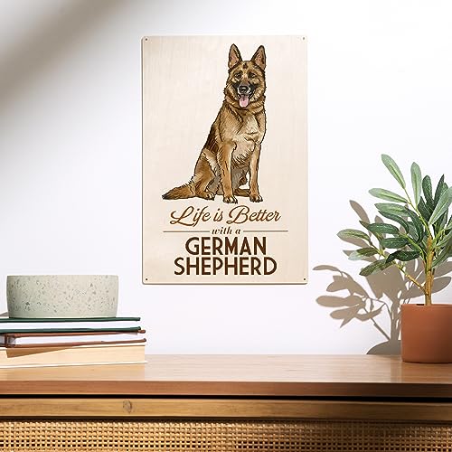Lantern Press 10x15 Inch Wood Sign, Ready to Hang Wall Decor, German Shepherd, Life is Better, White Background