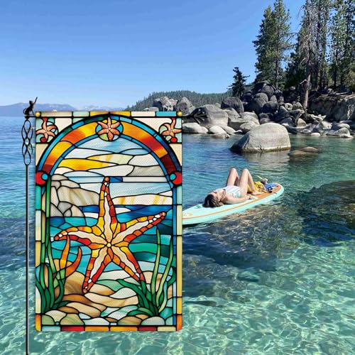 Welcome Summer Garden Flag Spring Summer Flamingo Garden Flag Stained Glass Style Vertical Double Sided Rustic Farmland Burlap Yard Lawn Outdoor Decor 12.5x18