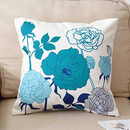sykting Farmhouse Outdoor Throw Pillow Covers Cotton Canvas Teal and Green Pillow Covers 18x18 inch Decorative for Couch Sofa Patio Porch Flowers Pattern Pack of 2