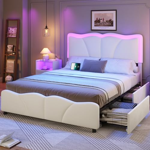 MSmask Full Size Bed Frame with 4 Storage Drawers and LED Lights, Velvet Upholstered Platform Bed Frame with Height Adjustable Headboard, LED Bed Frame with Type C & USB, No Box Spring Needed, White