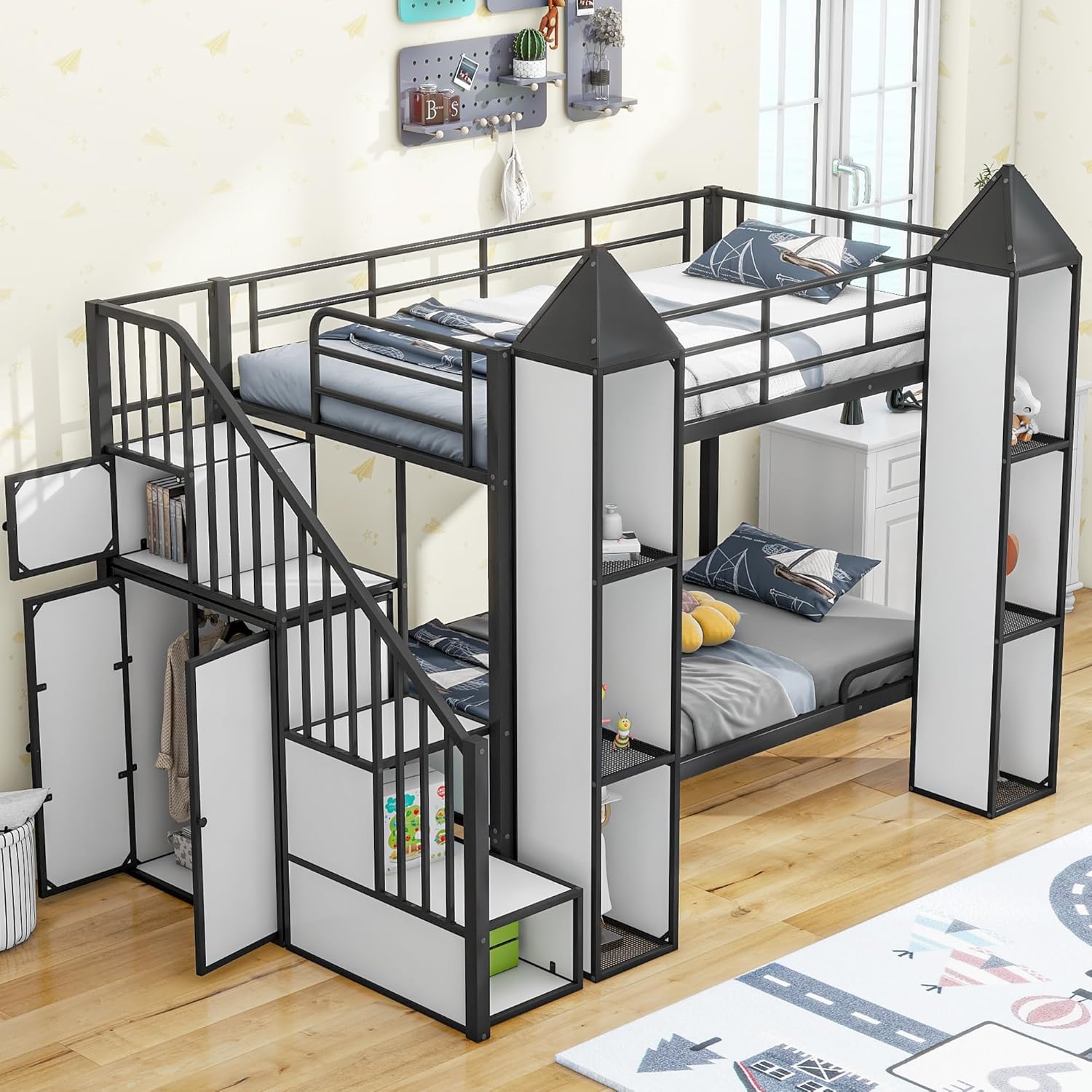 Twin Over Twin Castle Bunk Bed with Stairs, Wardrobe and Multiple Storage, Metal Bunkbeds with Staircase and Shelves, for Kids Teens Bedroom, Black+White
