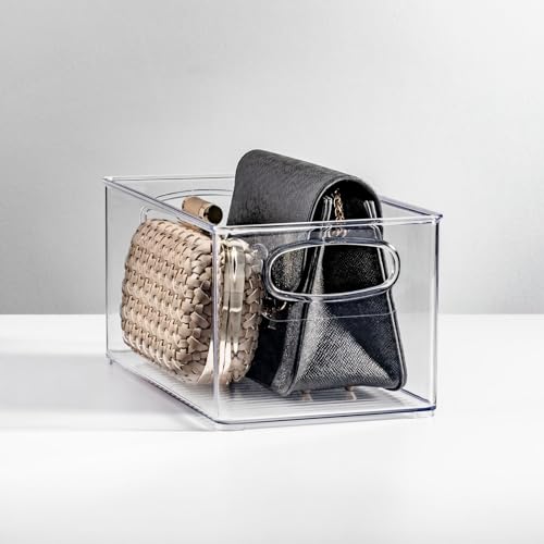 mDesign Plastic Home Closet Organizer - Basket Storage Holder Bin w/ Handles for Bedroom, Bathroom, Cabinet Shelves, Entryway, and Hallway - Holds Sweaters, Purses - Ligne Collection - 2 Pack - Clear