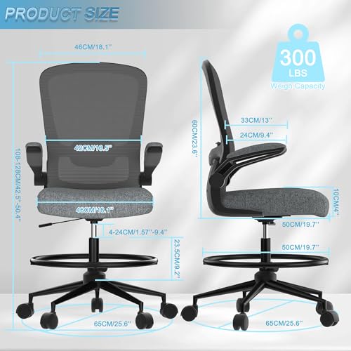 Mimoglad Drafting Chair, Tall Office Desk Chair with Flip-up Armrests Executive Ergonomic Computer Standing Desk Chair with Lumbar Support and Adjustable Footrest Ring (Black)