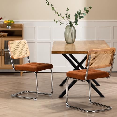 Ely Orange Dining Chairs Set of 2, Mid-Century Modern Velvet Rattan Back Table Chairs, Upholstery Kitchen Chairs with Silver Chromed Sled Base, Cane Back Accent Chair for Bedroom, Orange