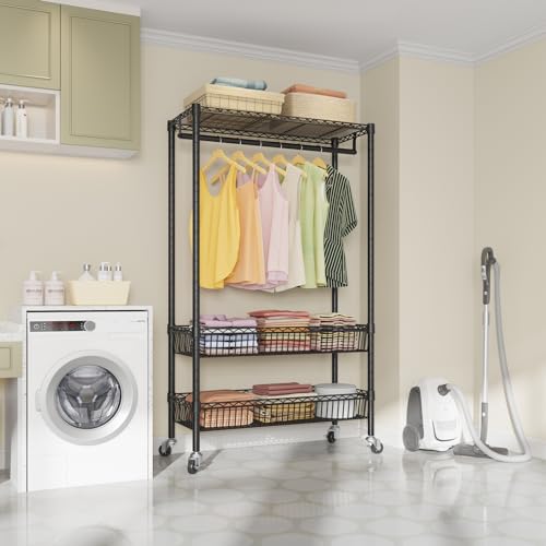 VIPEK R2 Rolling Garment Rack Heavy Duty Clothes Rack for Hanging Clothes Adjustable Wire Clothing Rack with Hanging Rack, Freestanding Portable Closet on Wheel with Basket Metal Closet Storage, White