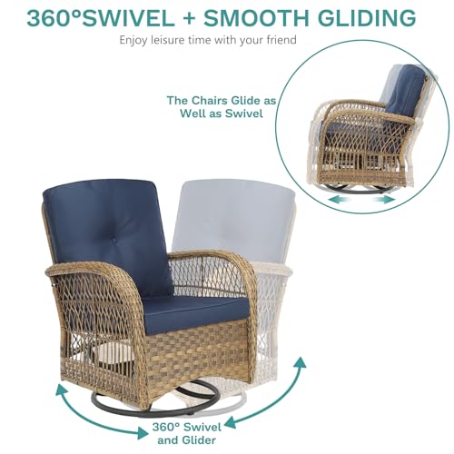 MEETWARM 4 Pieces Outdoor Wicker Patio Conversation Sets with Glider Loveseat, 2 Chairs with Glass-Top Coffee Table Wicker Rocking Chair Set, Wicker Conversation Set with Thickened Cushions