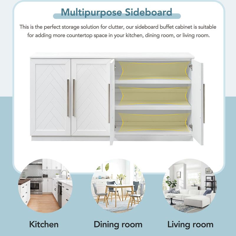 Sideboard Buffet Cabinet, Large Storage Cabinet with 4 Doors and Adjustable Shelves, Console Table with Silver Handles, for Room Living Living Room Entryway Kitchen Easy to Assemble (Black)