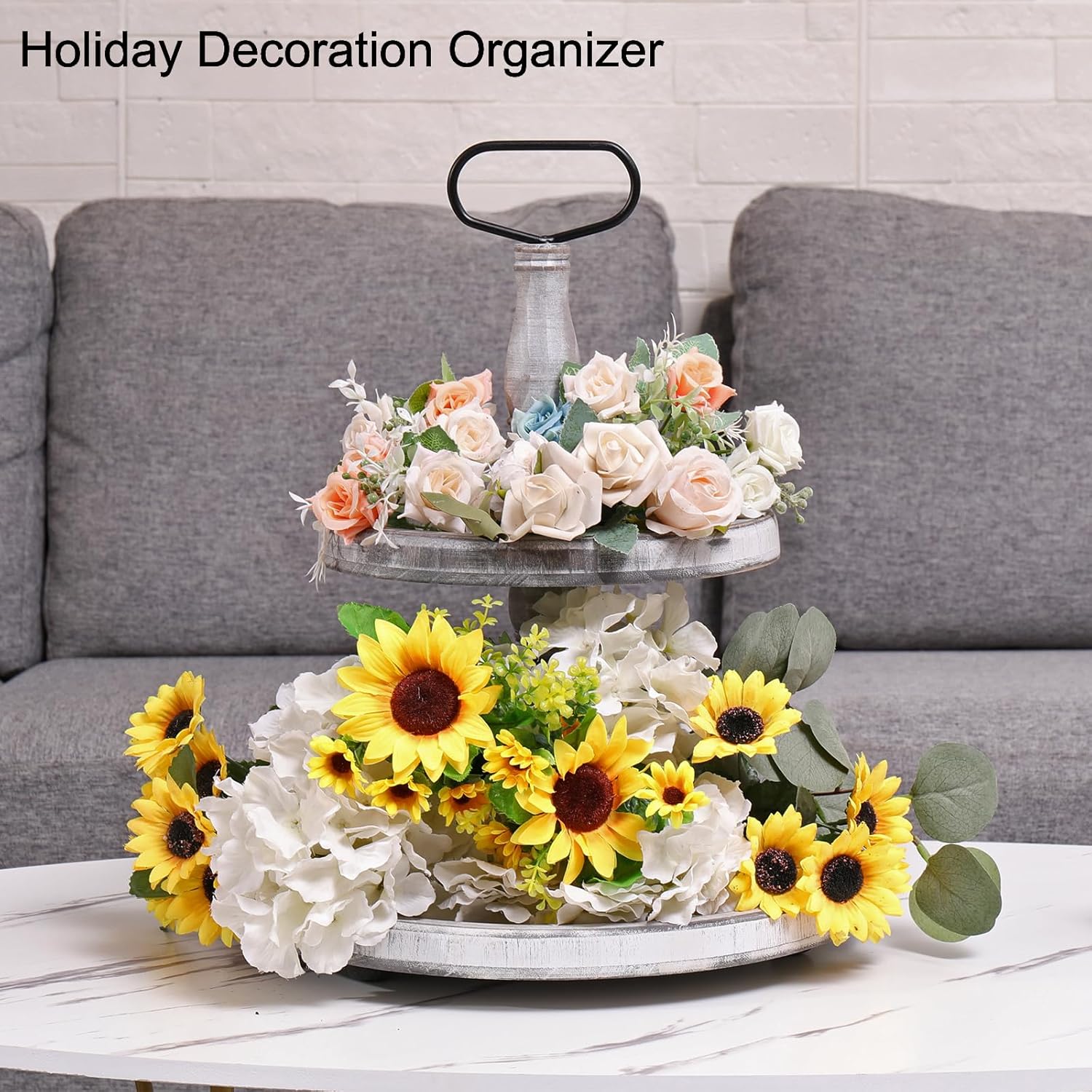 Vintage Wood Two Tiered Tray with Round Metal Handle，Easy to Assemble 2 Tier Home Decor for Tiered Food Presentation Serving Tray，Cupcake Tray (White)