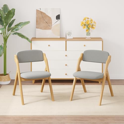 Folding Chairs with Cushion,Wooden Stackable Dining Chairs Set of 4 with Padded Seats,Removable Cushion Cover Comfortable Backrest Lounge Chair for Kitchen Home Office Picnic,Grey