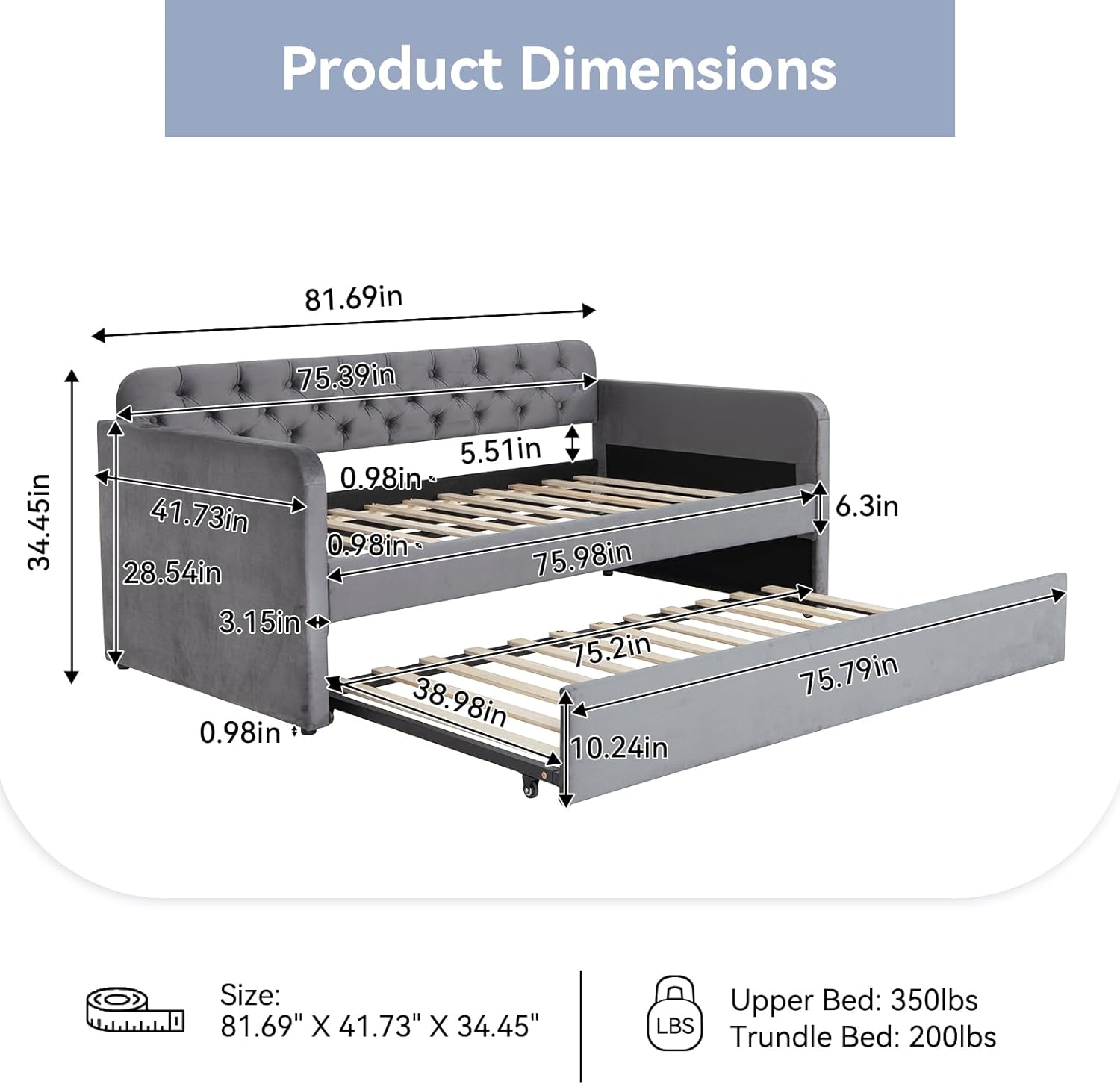 Velvet Twin Daybed with Twin Trundle, Modern Upholstered Twin Size Day Bed Button-Tufted Sofa Daybed Frame with A Roll-Out Trundle and USB Charging, No Box Spring Needed(Dark Gray, Twin with Trundle)