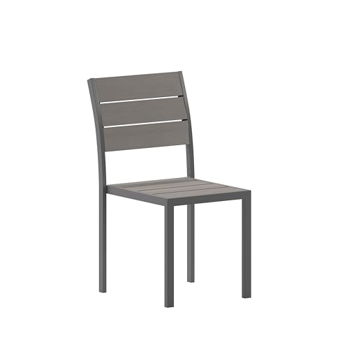 EMMA + OLIVER Fena Stacking Chair - Gray Faux Teak Poly Slats - Gray Metal Frame - for Indoor/Outdoor Use - Stacks up to 8 High