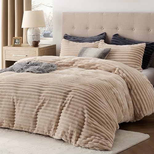 Bedsure Fluffy Duvet Cover Set - Ultra Soft Plush Shaggy Comforter Cover Queen Size, Warm Flannel Fleece Bed Sets for Winter, 3 Pieces, 1 Duvet Cover & 2 Pillowcases (Striped Pattern, Dark Grey)