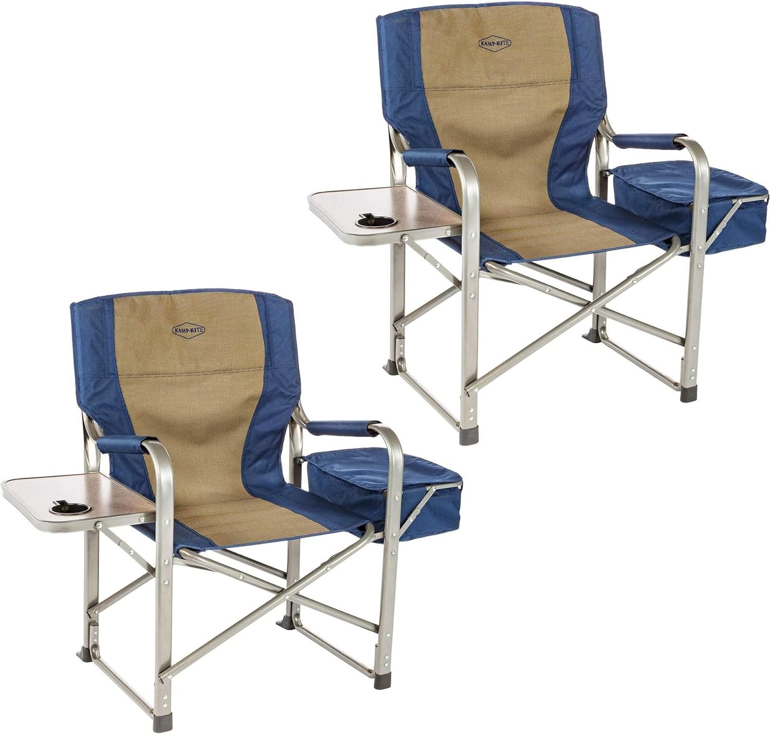 Kamp-Rite Director Portable Lounge Chair Outdoor Furniture Folding Sports Chair with Side Table, Cup Holder, and 12 Can Ice Cooler, Navy (2 Pack)