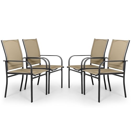 Outdoor Wrought Iron Dining Chairs Set of 4, Patio Textilene Dining Chair with High Backrest, Metal Frame Furniture Chairs with Armrests for Deck, Yard, Backyard, Lawn, Poolside (Dark Blue)