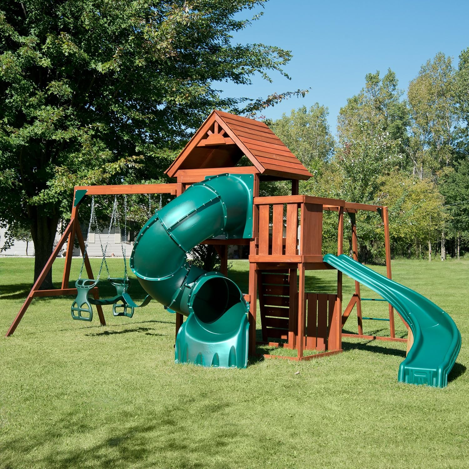 Swing-N-Slide Grandview Twist Play Set with Two Slides, Two Swings, Monkey Bars, Glider and Climbing Wall