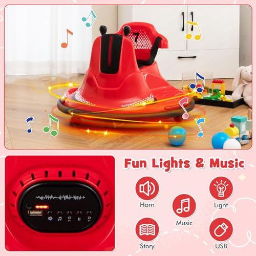 Costzon 12V Kids Ride On Bumper Car, Electric Bumper Car w/Dual Joysticks, Remote Control, 360° Spin, Slow Start Function, LED Lights & Fun Music, Adjustable Safety Belt, Soft Bumper (Blue)