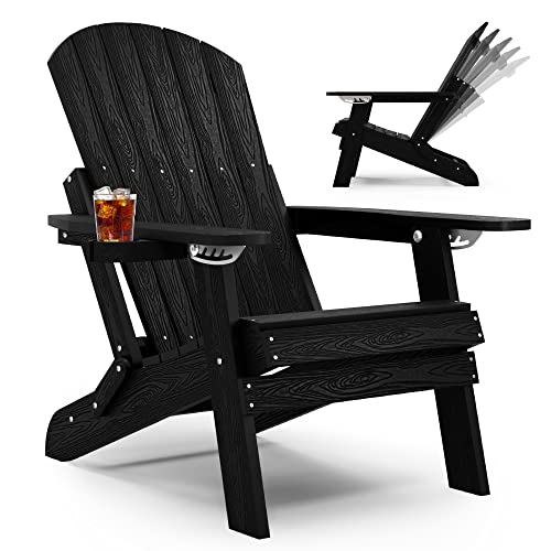 YEFU Adirondack Chair Adjustable Back, Folding Adirondack Chair with Cup Holder, Outdoor Fire Pit Chair, HIPS All Weather for Patio Lawn Outside Garden Pool, 380lbs (Teak)