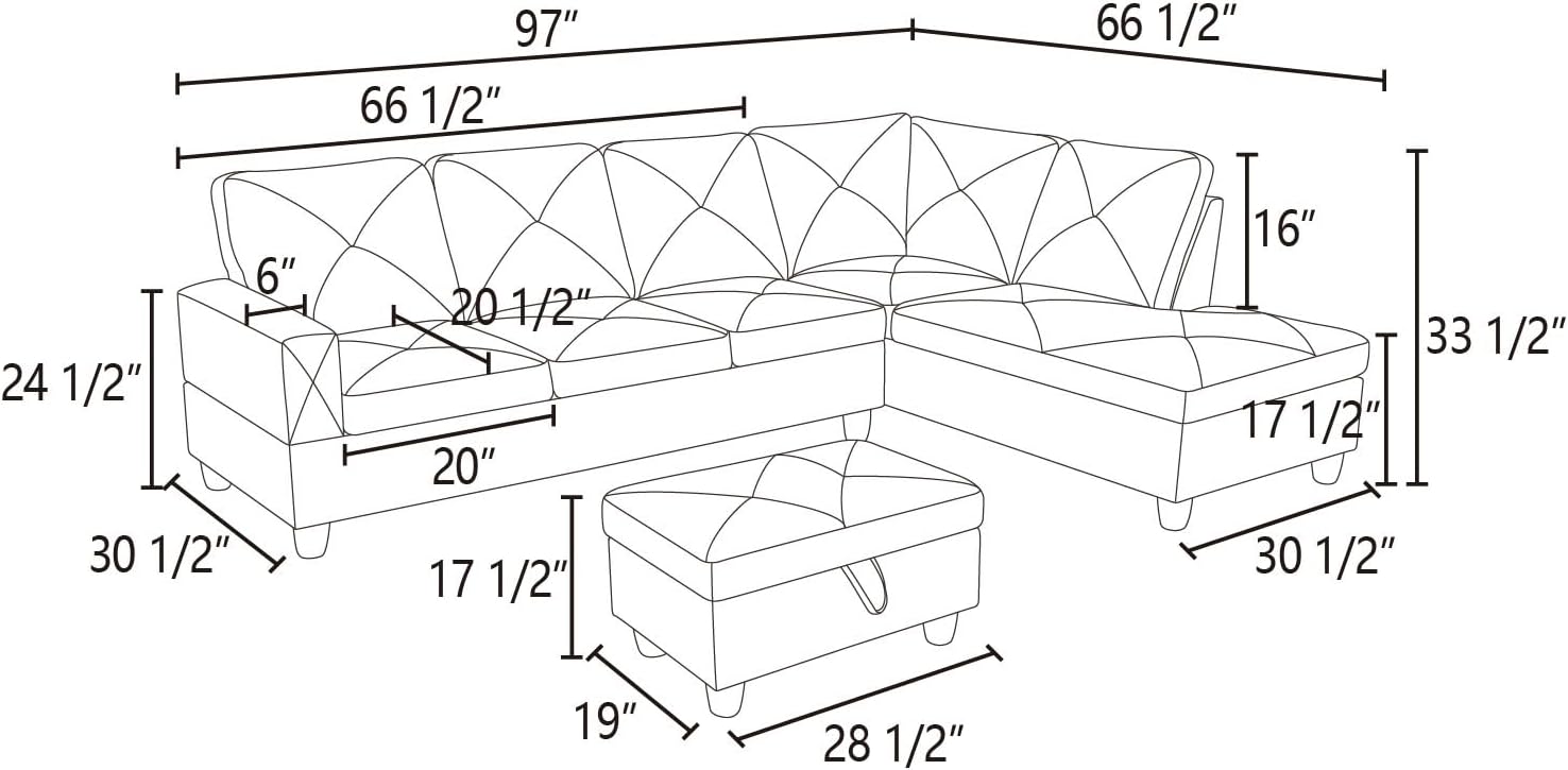 3-Piece L-Shaped Sectional Couches with 66.5'' Chaise Lounge & Storage Ottoman, 97'' Modular Living Room Sofas for Home Office Apartment, Large Living Furniture Right(Brown Microfiber)