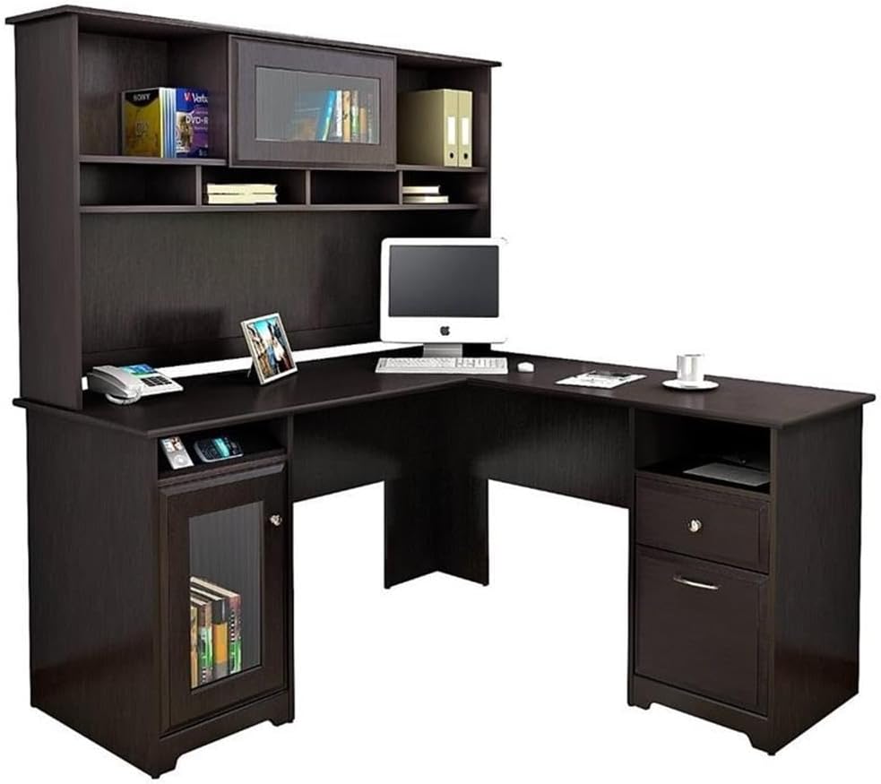Pemberly Row L Shaped Desk with Hutch in Espresso Oak - Engineered Wood