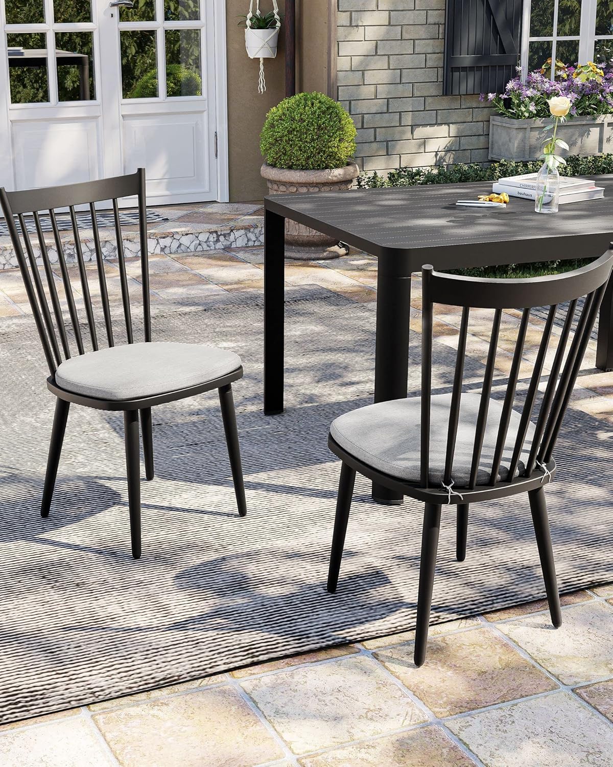 Pellebant Aluminum Outdoor Dining Chair Set of 2, High Back Armless Patio Chair with Cushions, All Weather for Patio, Garden, Lawn, Deck, Porch and Yard, Black