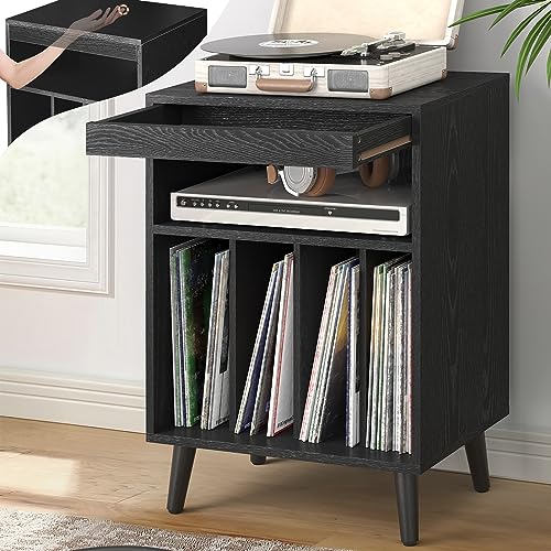 Concealment Furniture with Clearance Price, Record Player Stand Table with Wood Leg, Turntable Stand with Vinyl Storage Holds up to 160 Albums with Hidden Compartment, Black Cabinet with Leg