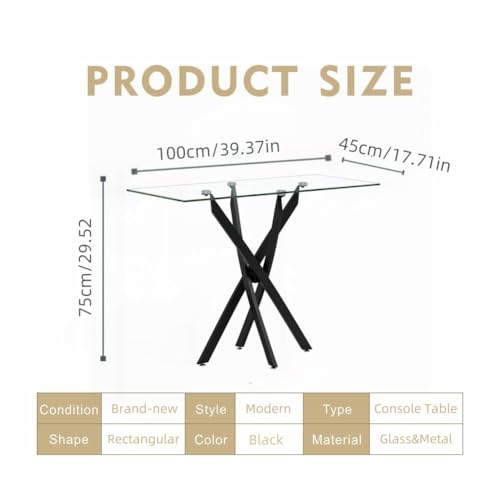 Tempered Glass Console Table with Metal Legs, Modern Narrow Sofa Table for Hallway Entryway (Black, 47