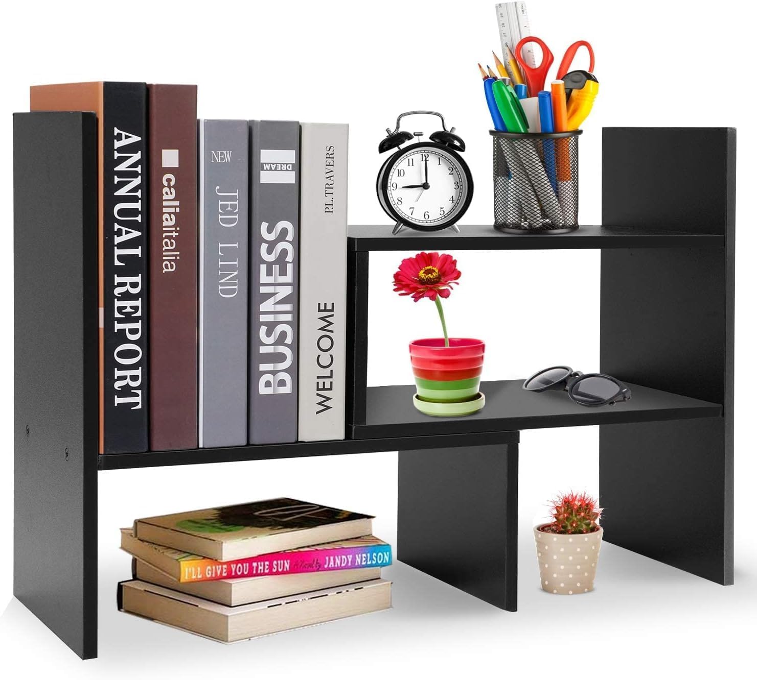 Expandable Desktop Bookshelf,Wood AdjustableDesktop Storage Organizer,Desktop storage rack,Free Style Rotation Display,Office Supplies Desk Organizer,Multipurpose Rack Office,Bathroom,Kitchen (Black)