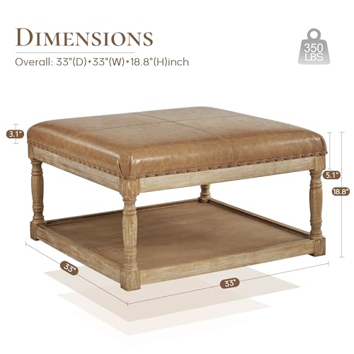 33-Inch Large Square Ottoman Coffee Table for Living Room, Leather Ottoman Foot Rest Stool, Upholstered Coffee Table with Storage Shelf for Bedroom, Studio, Office(Brown)