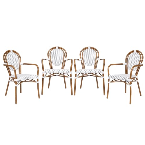 Merrick Lane Celia Indoor/Outdoor French Bistro Stack Chair - White & Navy PE Rattan Seat - Natural Bamboo Finished Metal Frame - Set of Four