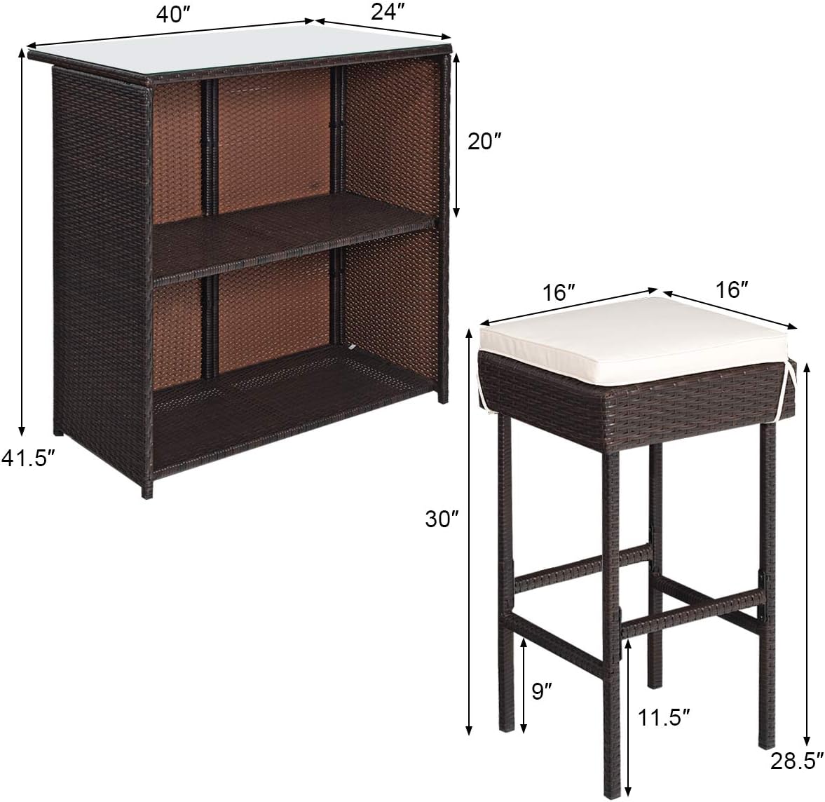 COSTWAY 3PCS Patio Rattan Wicker Bar Table Stools Dining Set Cushioned Chairs Garden