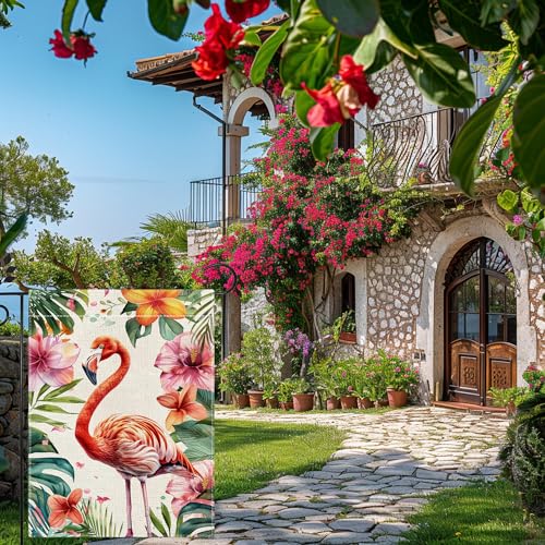 Flamingo Garden Flag, Colorful Flower Tropical Palm Tree Flag, 12x18 Inch Double Sided Burlap, Welcome Summer Garden Flags, Porch Lawn Flag, Outdoor Yard House Decor （Only Garden Flag）
