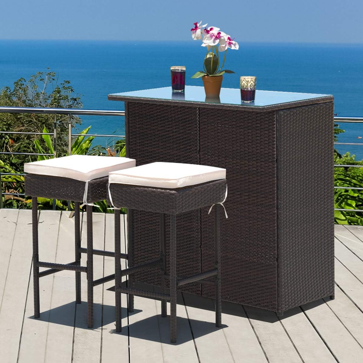 COSTWAY 3PCS Patio Rattan Wicker Bar Table Stools Dining Set Cushioned Chairs Garden