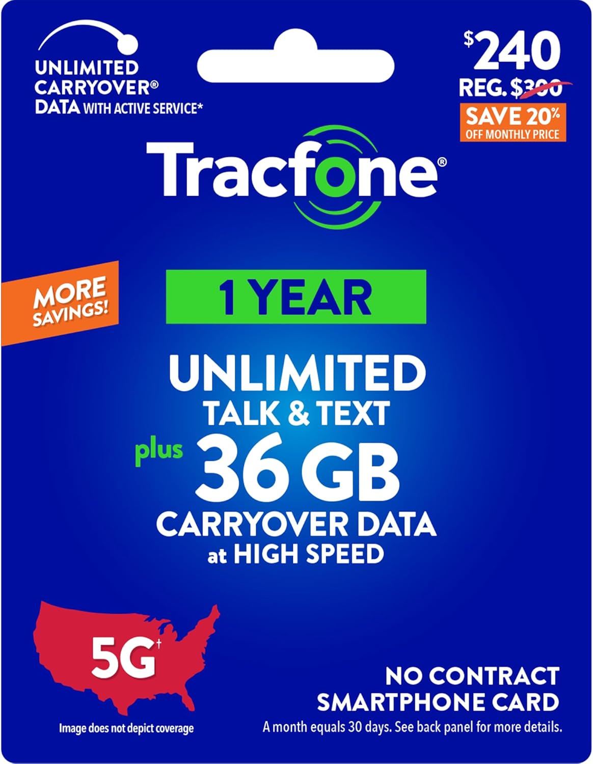 Tracfone $240 Unlimited Talk & Text Plus 36 GB of Data Annual Prepaid Plan(Physical Delivery)