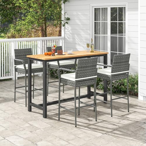 RELAX4LIFE Outdoor Bar Stools Set of 4 - Wicker Rattan Barstools w/Backs, Seat Cushions, Arms & Metal Frame, Tall Patio Bar Chairs for Garden Deck Backyard, Counter Height Bar Stools (2, Mix Brown)