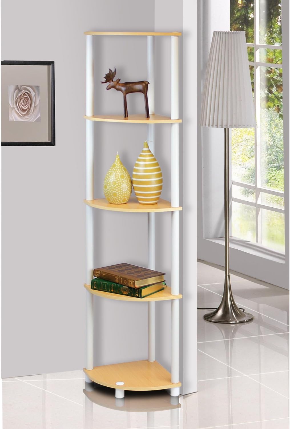 Furinno Turn-N-Tube Corner Display Rack Shelving Unit Beech/White/5-Tier/2 Pack